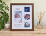 Baby Collage dark brown picture frame, freestanding on the tabletop next to a white candle, diffuser and green plant