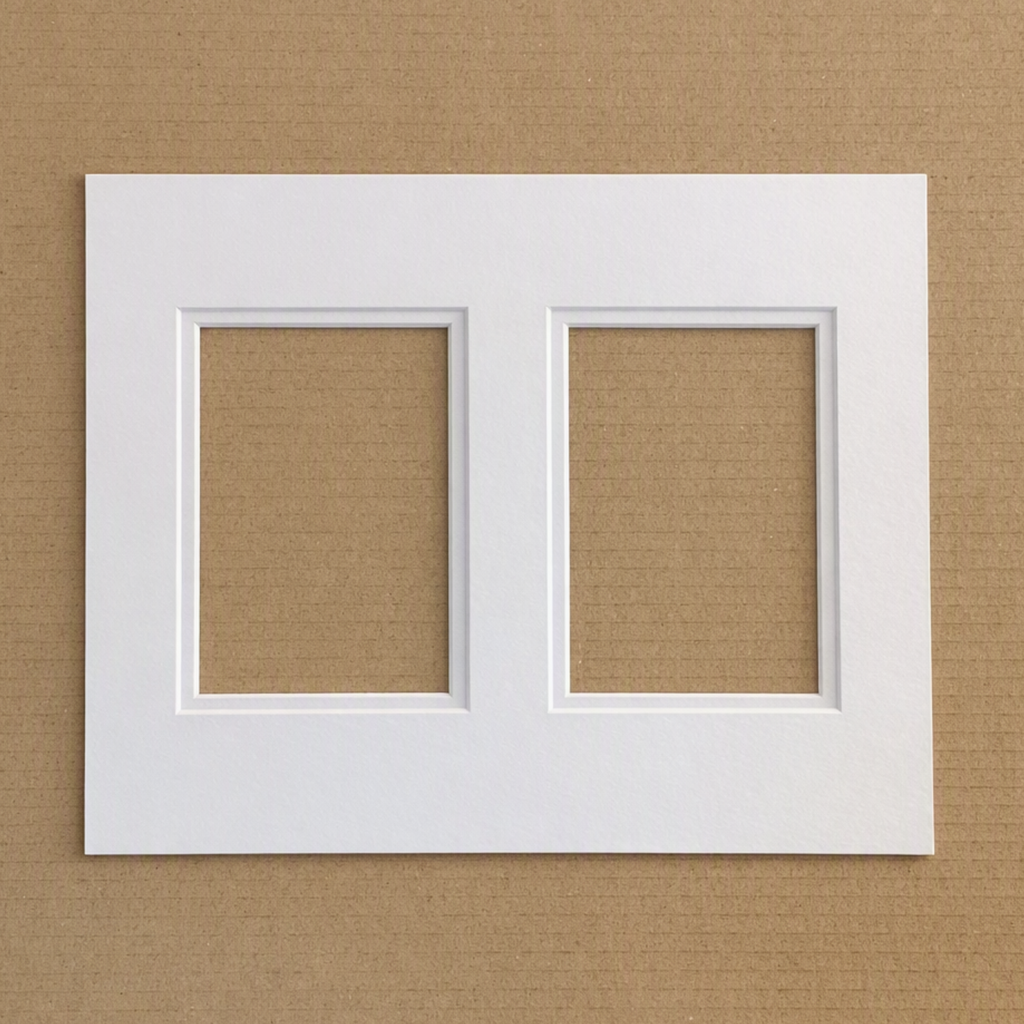 A white double-frame mat board or picture frame mat with two rectangular recessed openings, shown flat against a brown textured background.