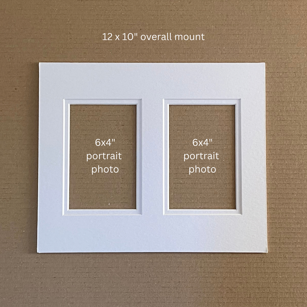 A white double-photo mount with two 6x4 portrait photo slots, shown on a brown textured background with text reading '12 x 10" overall mount' and '6x4" portrait photo' inside the slots.