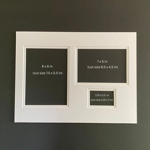 White conservation mount, 3-Aperture on black background displaying opening measurements