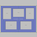 A digital template for a 5-photo frame mat, showing a blue background with five gray placeholder photo frames, size labels, and a yellow measuring tape outline on a gray background.