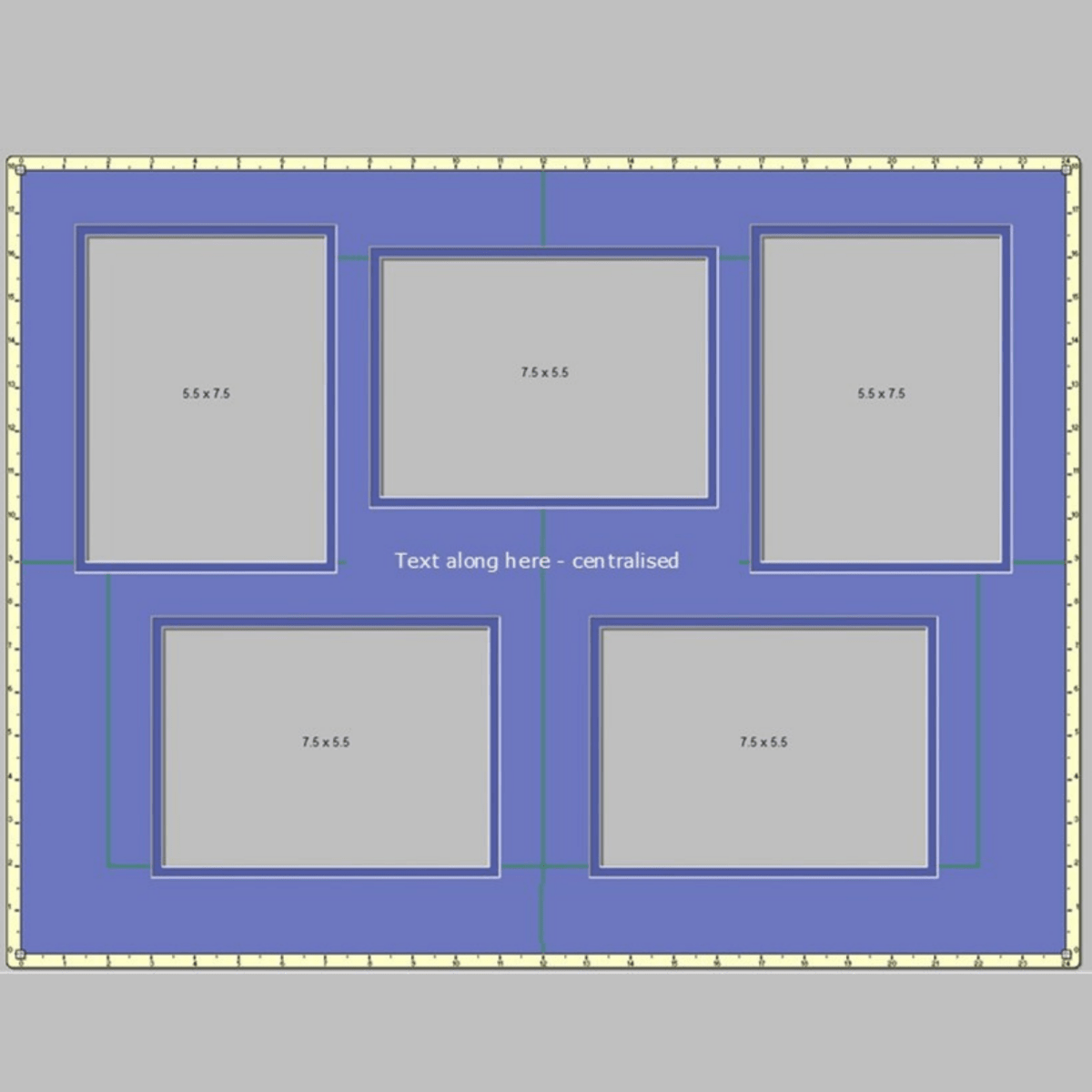 A digital template for a 5-photo frame mat, showing a blue background with five gray placeholder photo frames, size labels, and a yellow measuring tape outline on a gray background.