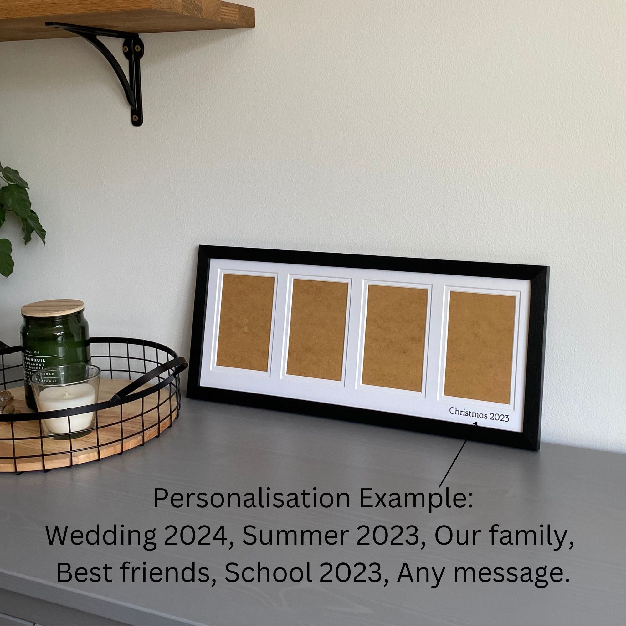 Black multi picture frame for 4 photos on grey dresser and mesh tray with candles, any message inscribed on the mount - Azana Photo Frames