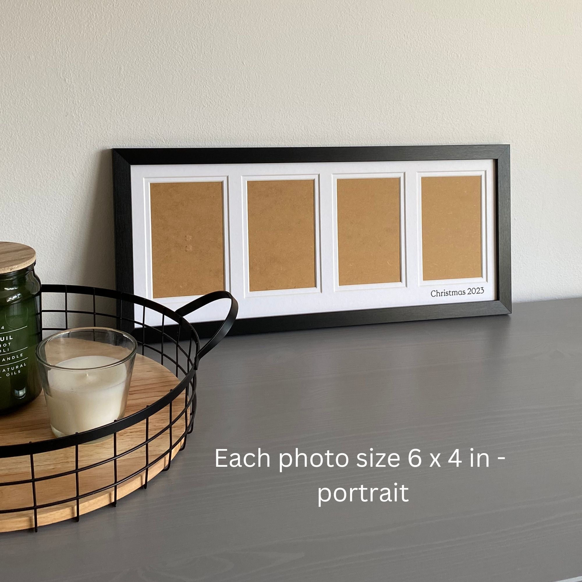 Black multi aperture picture frame for 4 photos on grey dresser and mesh tray with candles, per photo size 6x4 inches - Azana Photo FRames
