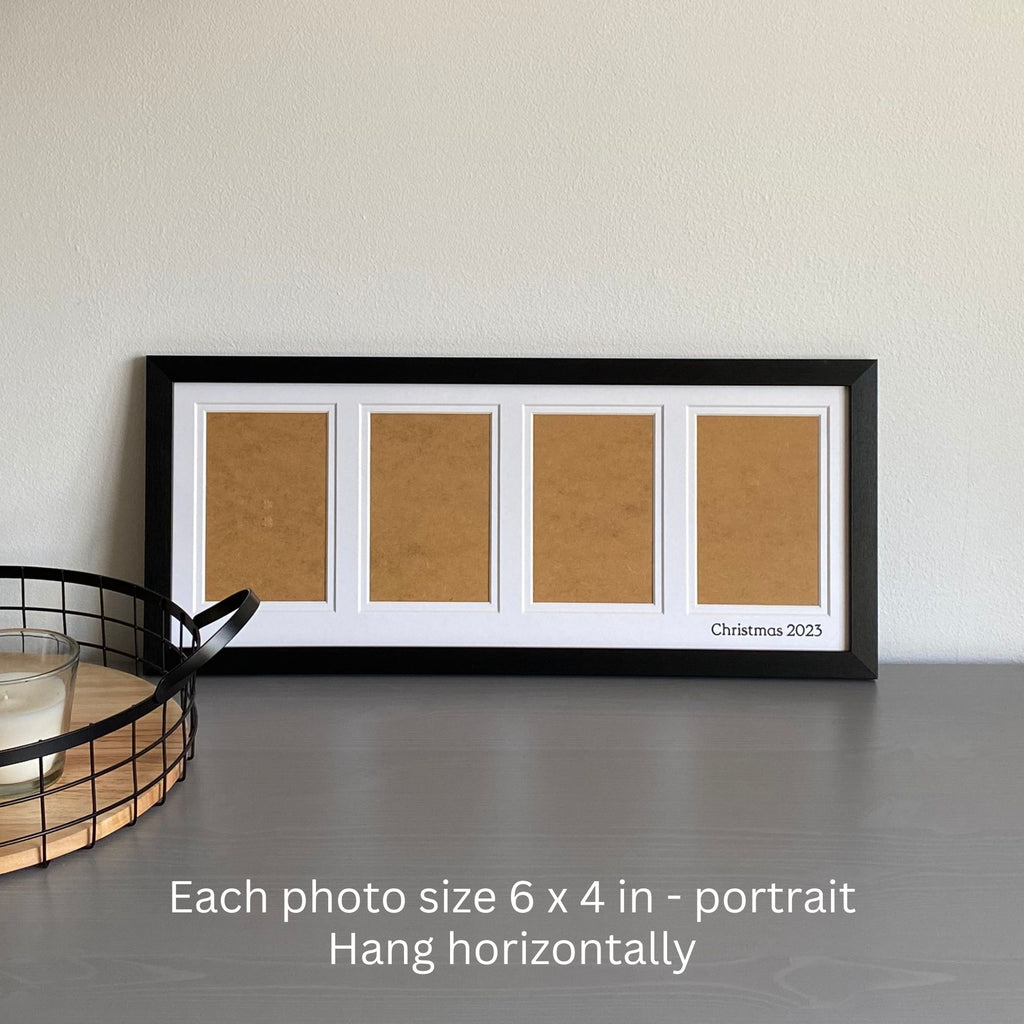 Black multi aperture picture frame for 4 photos on grey dresser and mesh tray - Azana Photo FRames