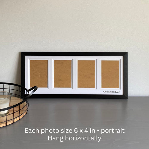 Black multi aperture picture frame for 4 photos on grey dresser and mesh tray - Azana Photo FRames