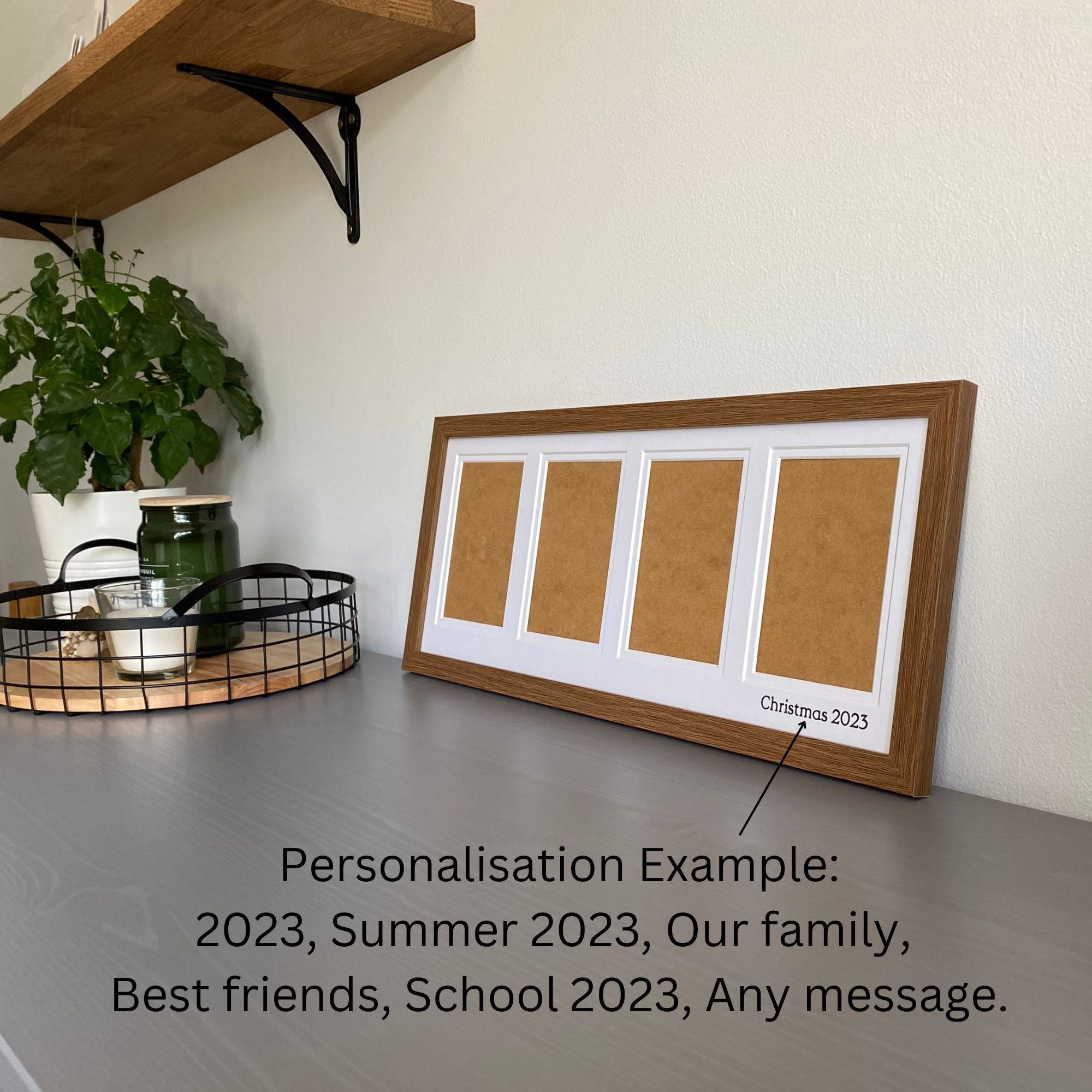 Dark Brown Multipicture Photo Frame for 4 Photos on grey dresser next to black mesh tray and candles and plant. Example of the personalisation to be inscribed on the white mount - Azana Photo Frames