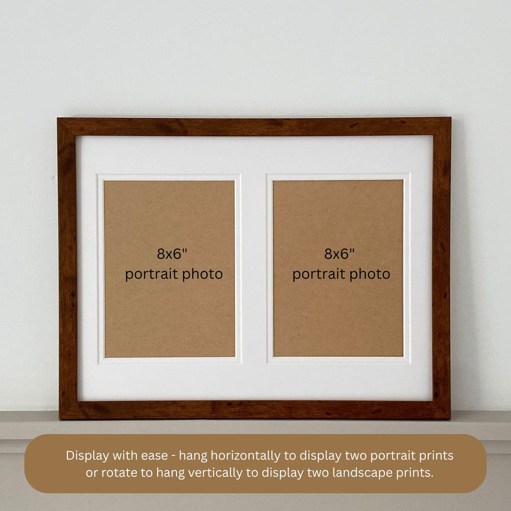 Double aperture white mount in a teak frame on light grey shelf and information about wall hanging orientation.