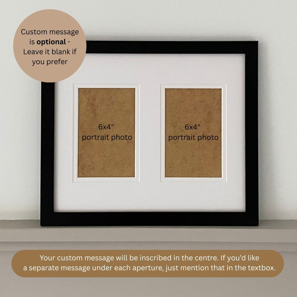 Framed photo display with two 6x4 portrait photo slots on a plain background