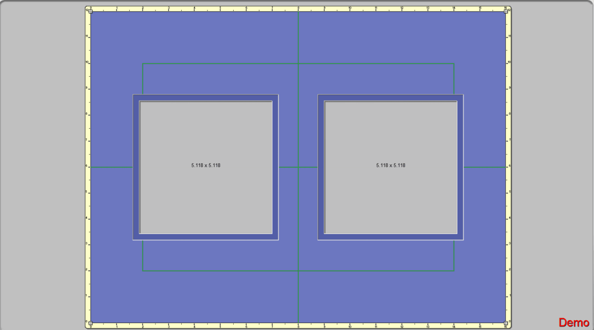 A digital template or mockup showing two square gray placeholder panels with dimensions '610 x 610' inside a larger blue frame, set on a light gray background with a white border and green alignment guides.