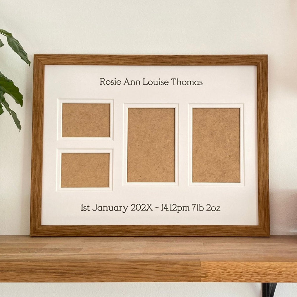 Dark brown, 4 aperture frame, showcasing multi openings for family & wall galleries photo memories