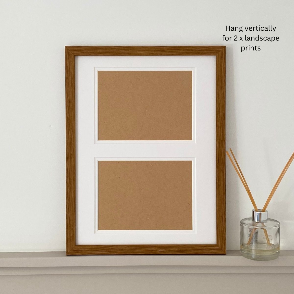 Vertical, large Brown framed, two aperture white mounted on the grey shelf - Azana Photo Frames