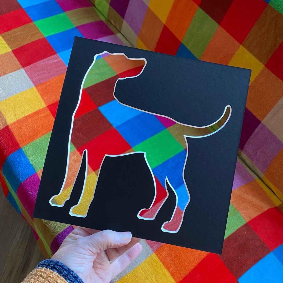 A dog silhouette on a black mount held against a multicoloured checkered background
