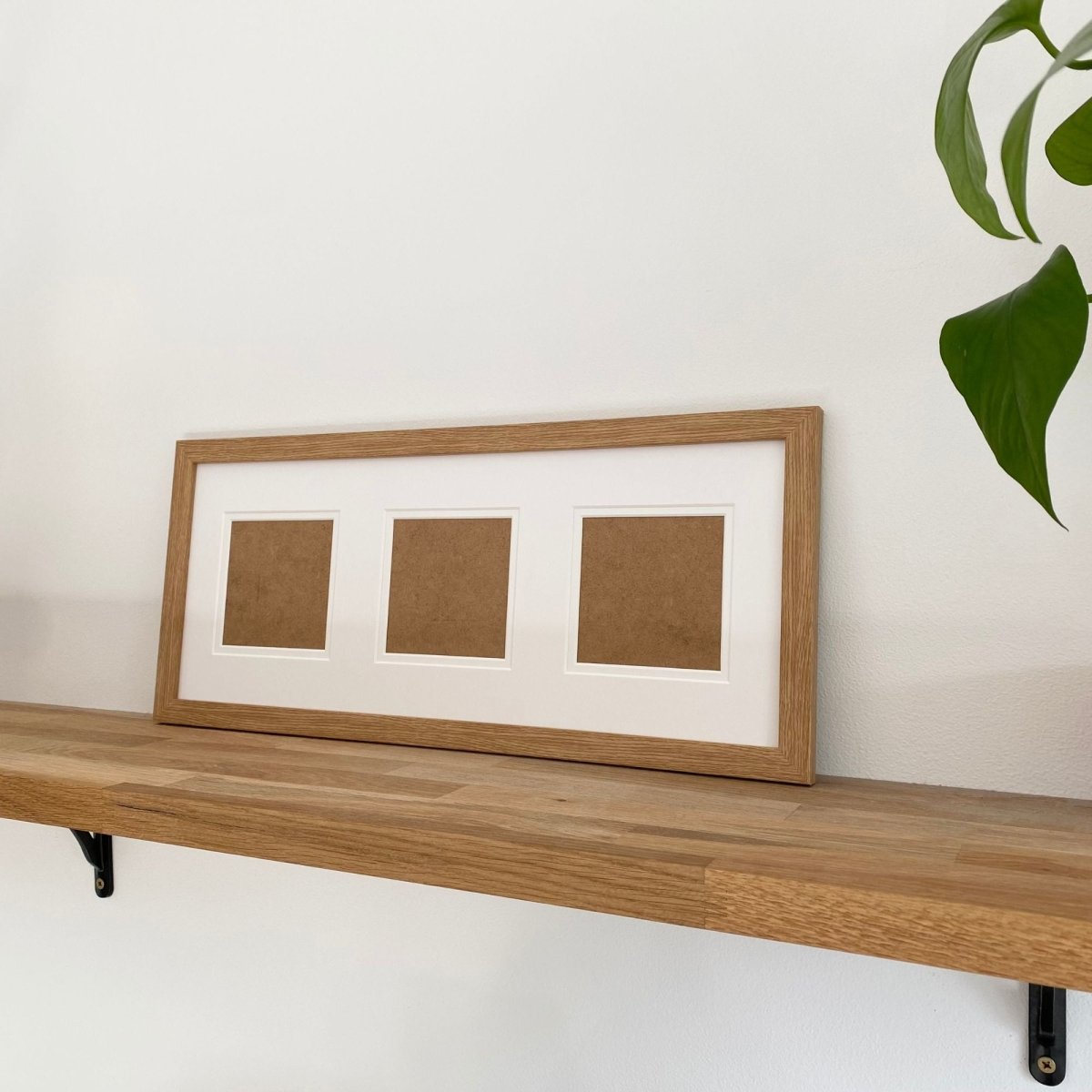light brown picture frame on wooden shelf, white backround and green leaf