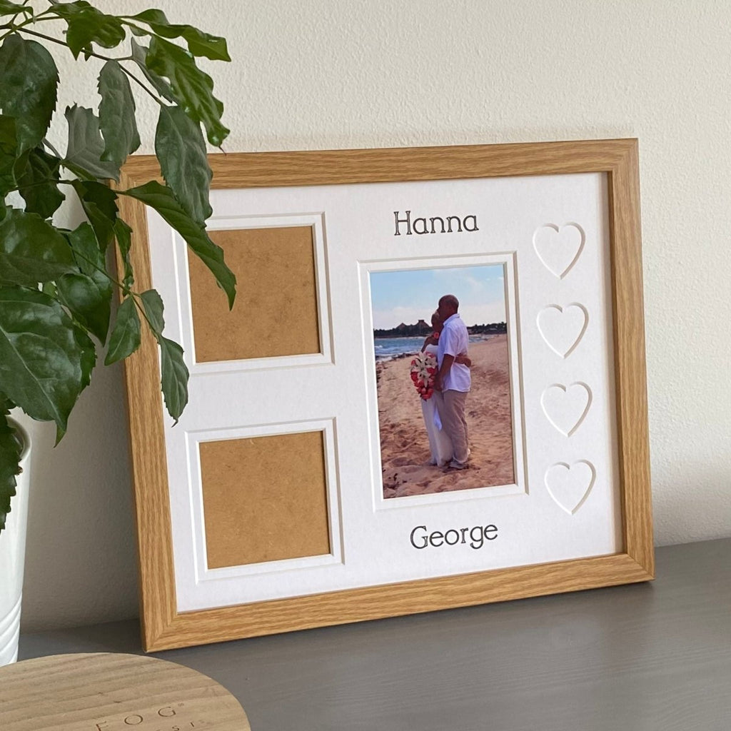 Light brown three-picture multi heart photo frame on dresser