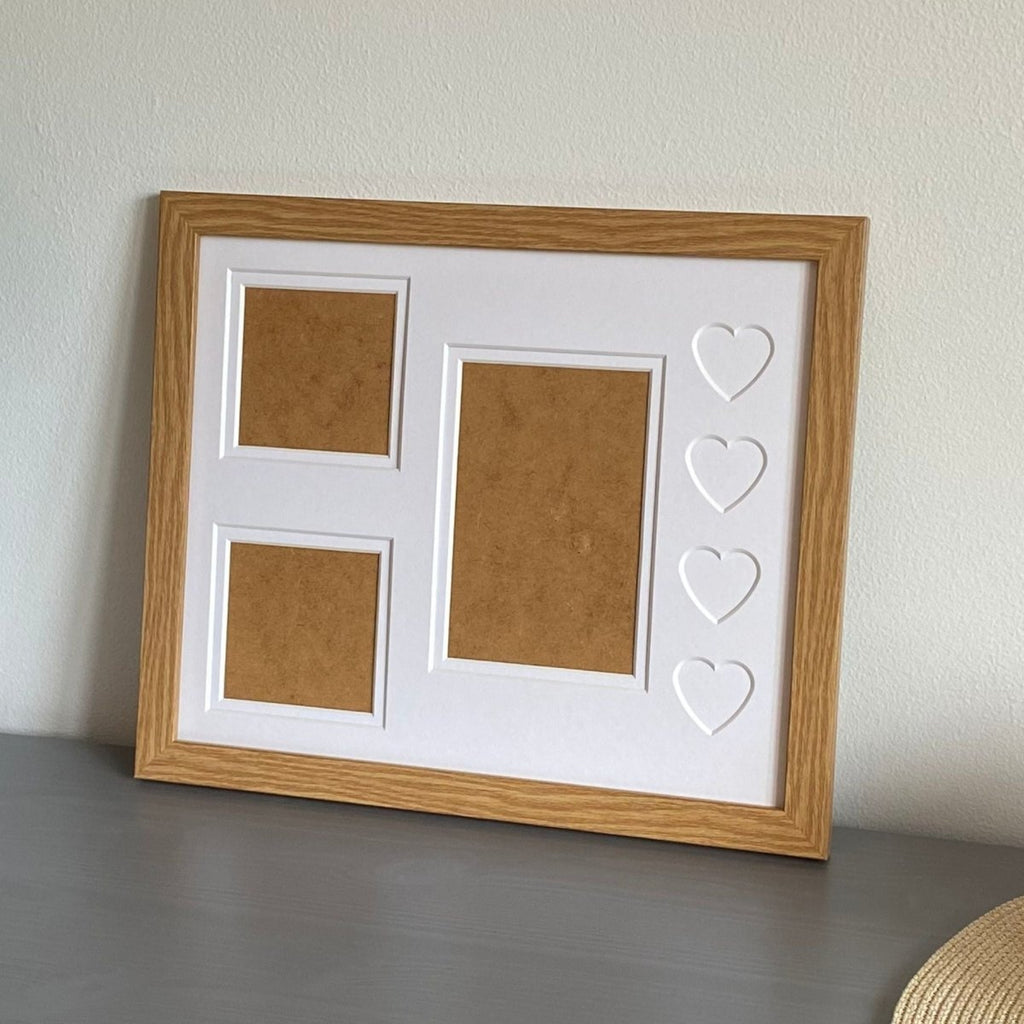 Multi-picture light brown frame showcasing heart shapes