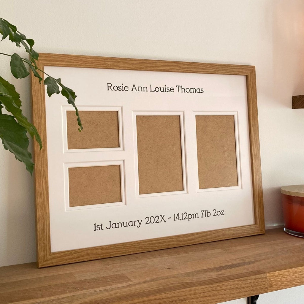 Light brown 4-aperture picture frame displaying family photos on wooden shelf 