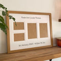 Light brown 4-aperture picture frame displaying family photos on wooden shelf 