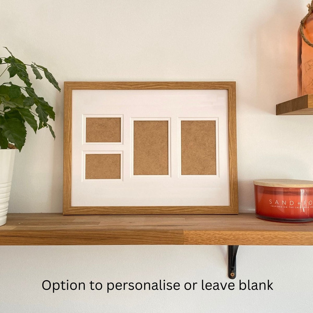 Light brown 4-picture frame displaying 4 openings on wooden shelf 