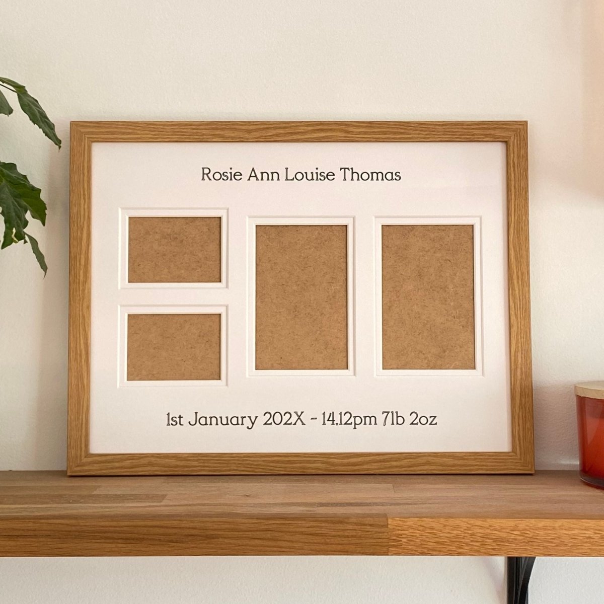 Multi-aperture light brown picture frame displaying four openings