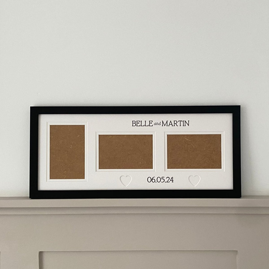 Black 3-aperture picture frame showcasing openings for couples & Anniversary photo memories