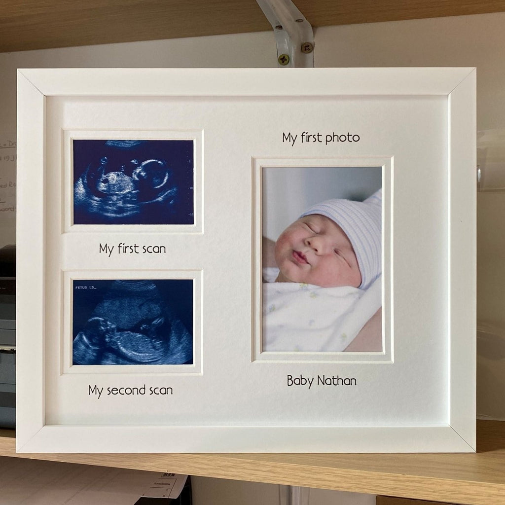 White framed collage with ultrasound images and a baby photo, labeled 'My first scan', 'My second scan', and 'Baby Nathan'.