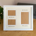 Framed photo with three apertures on a wooden surface.