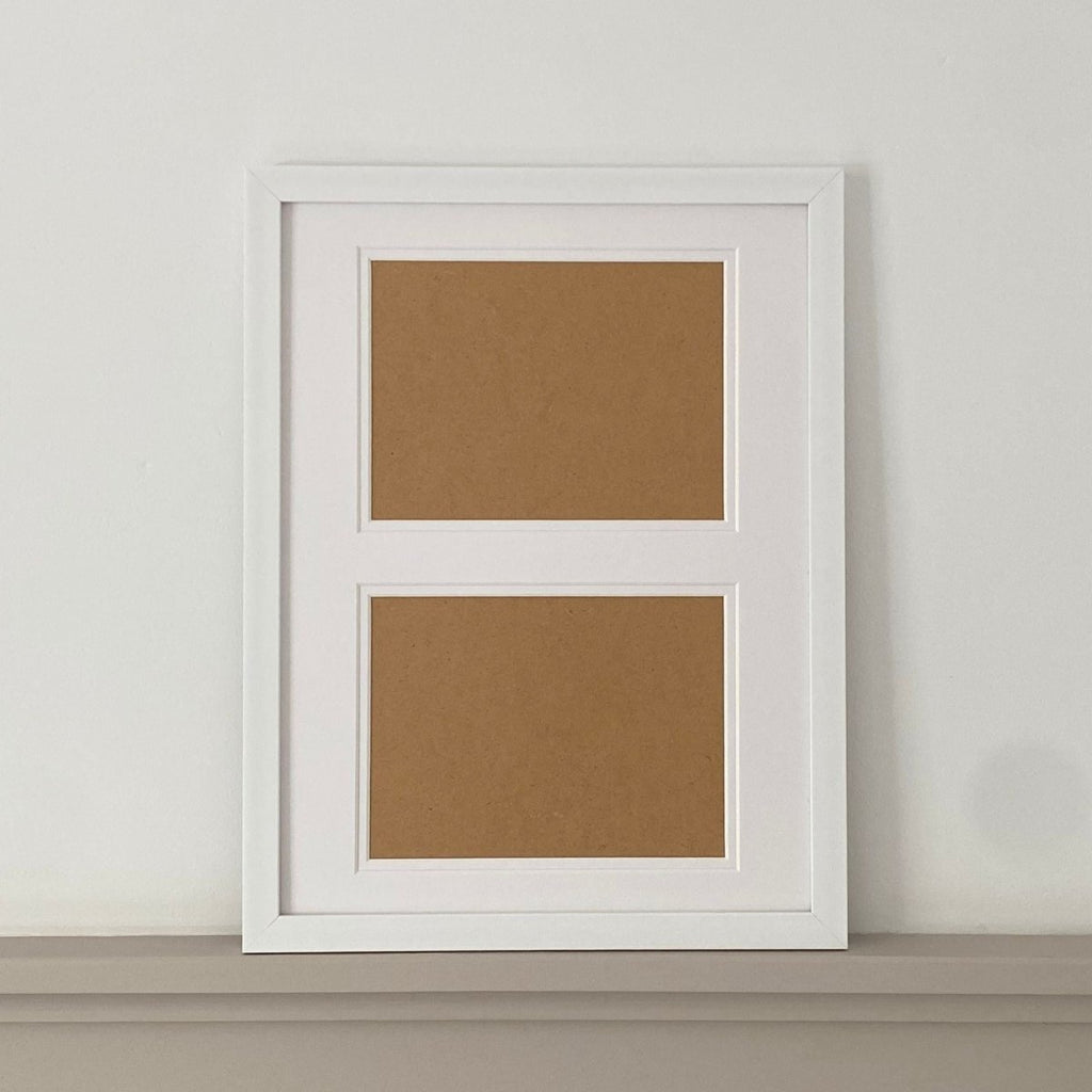 white frame on grey shelf