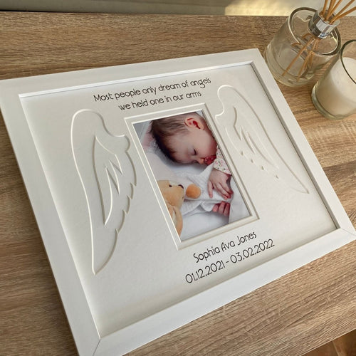 Shape of any angel wings mount in a frame on the tabletop next to a candle and diffuser