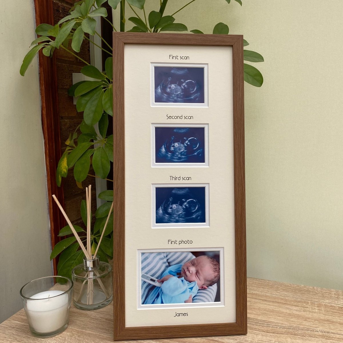 Multi-picture frame in dark brown standing against the green plant on the shelf