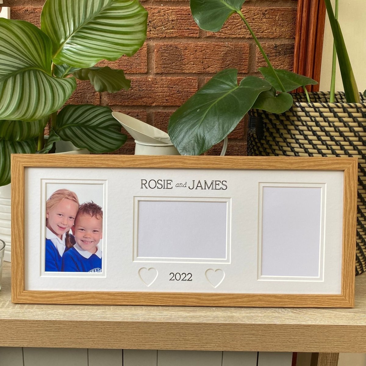 Light brown, multipicture School frame on tabletop next to green plants