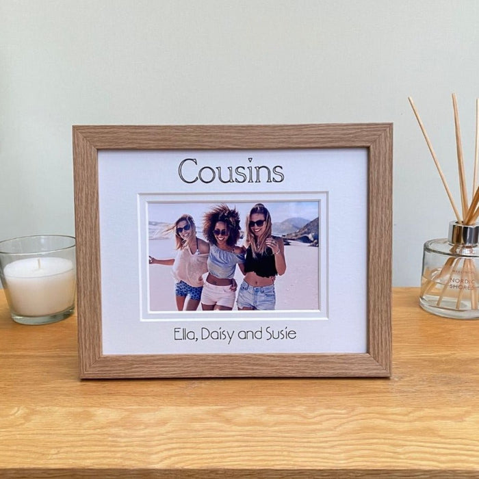 Personalised Cousins photo frame, light brown wood-grain effect