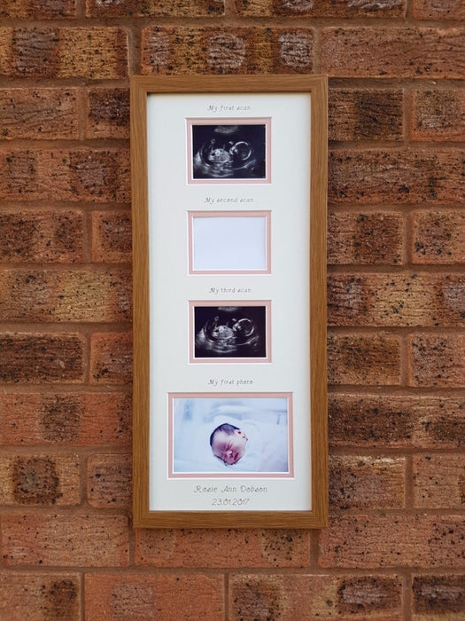 Triple Scan Baby Girl Personalised Photo Frame 20 x 8 Oak