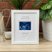 White frame, pregnancy scan image on tabletop next to a white candle and plant