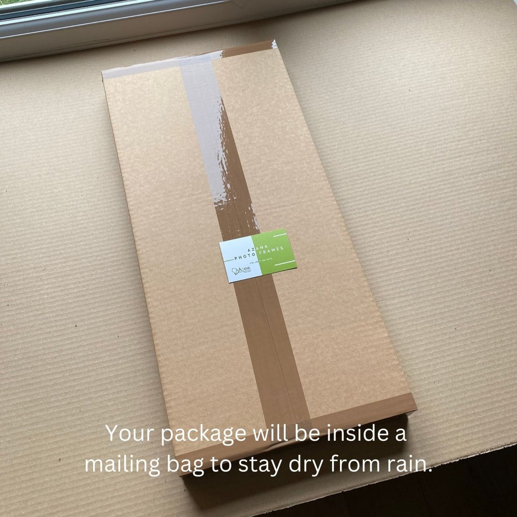 Your frame is packed in a cardboard box with a business card - Azana Photo Frames