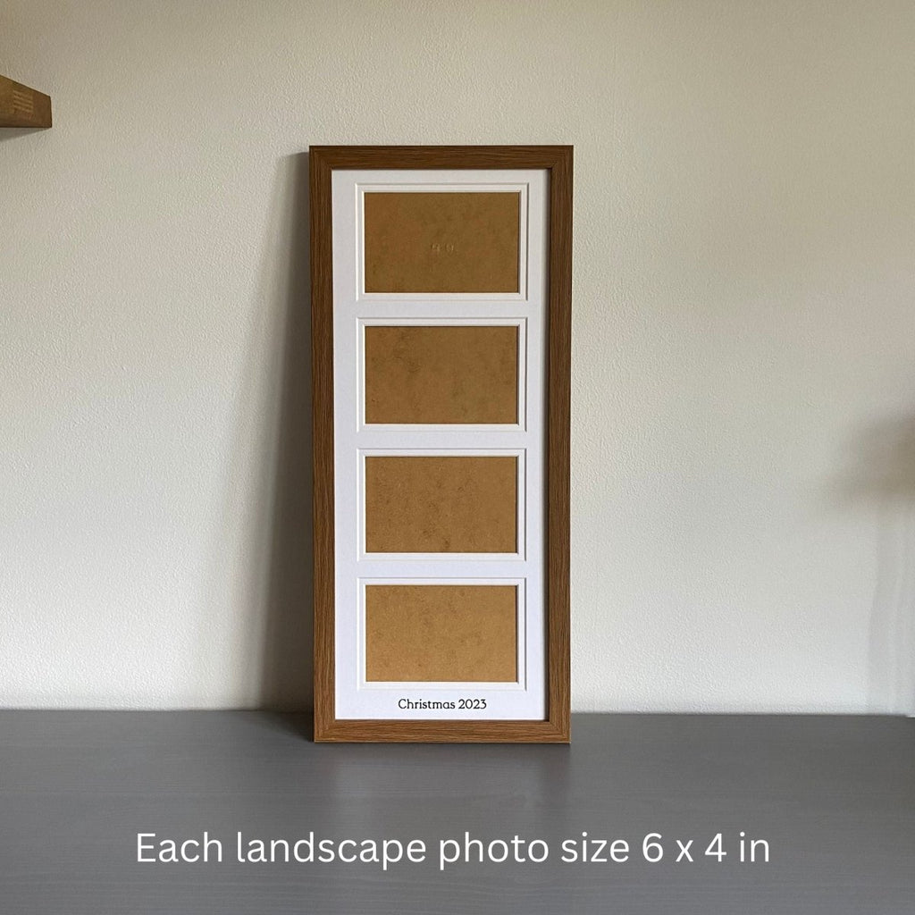 Dark brown frame with white mount on grey dresser with photo measurements - Azana Photo Frames