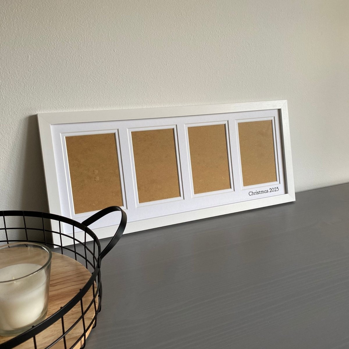 White Multipicture Frame 4 Photos, on grey dresser next to mesh tray - Azana Photo Frames