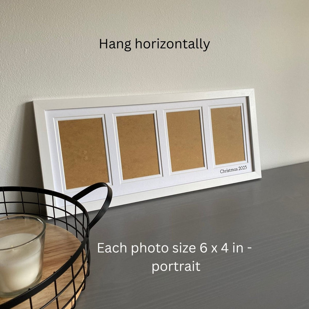 White Multipicture Frame 4 Photos, on grey dresser next to mesh tray and candle - Azana Photo Frames