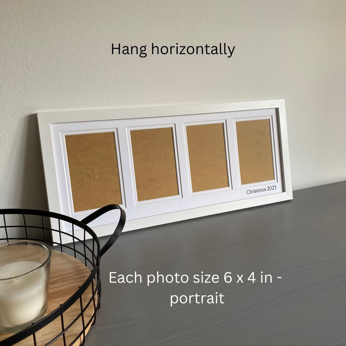 White Multipicture Frame 4 Photos, on grey dresser next to mesh tray and candle - Azana Photo Frames