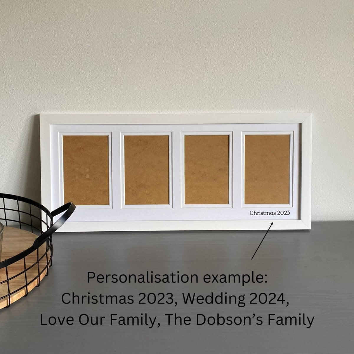 White Multipicture Frame 4 Photos, on grey dresser next to mesh tray, personalisation example - Azana Photo Frames
