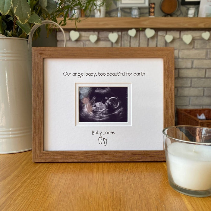 Dark brown, wood-grain effect contemporary frame, angel baby too beautiful for earth, personalisation with a feet drawing