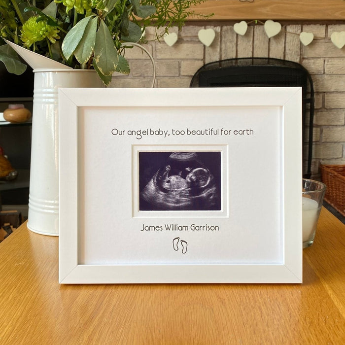 White contemporary frame, angel baby too beautiful for earth, personalisation with a feet drawing