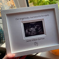 White contemporary frame, angel baby too beautiful for earth, personalisation with a feet drawing
