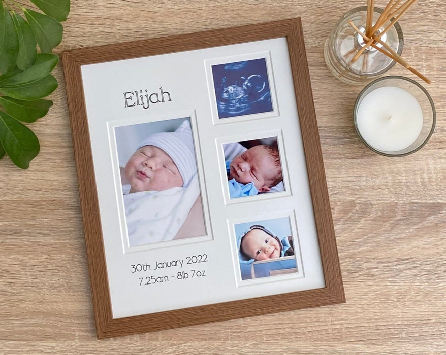 Double white matted multipicture collage frame with custom personalisation the baby's name and birth details.