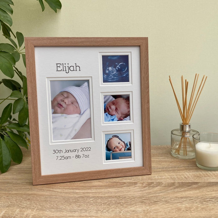 Light brown frame, collage picture of Grandson, Nephew freestanding on a tabletop next to a white candle and plant