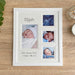 Contemporary white multipicture collage baby frame resting down on the tabletop next to a white candle, diffuser and plant