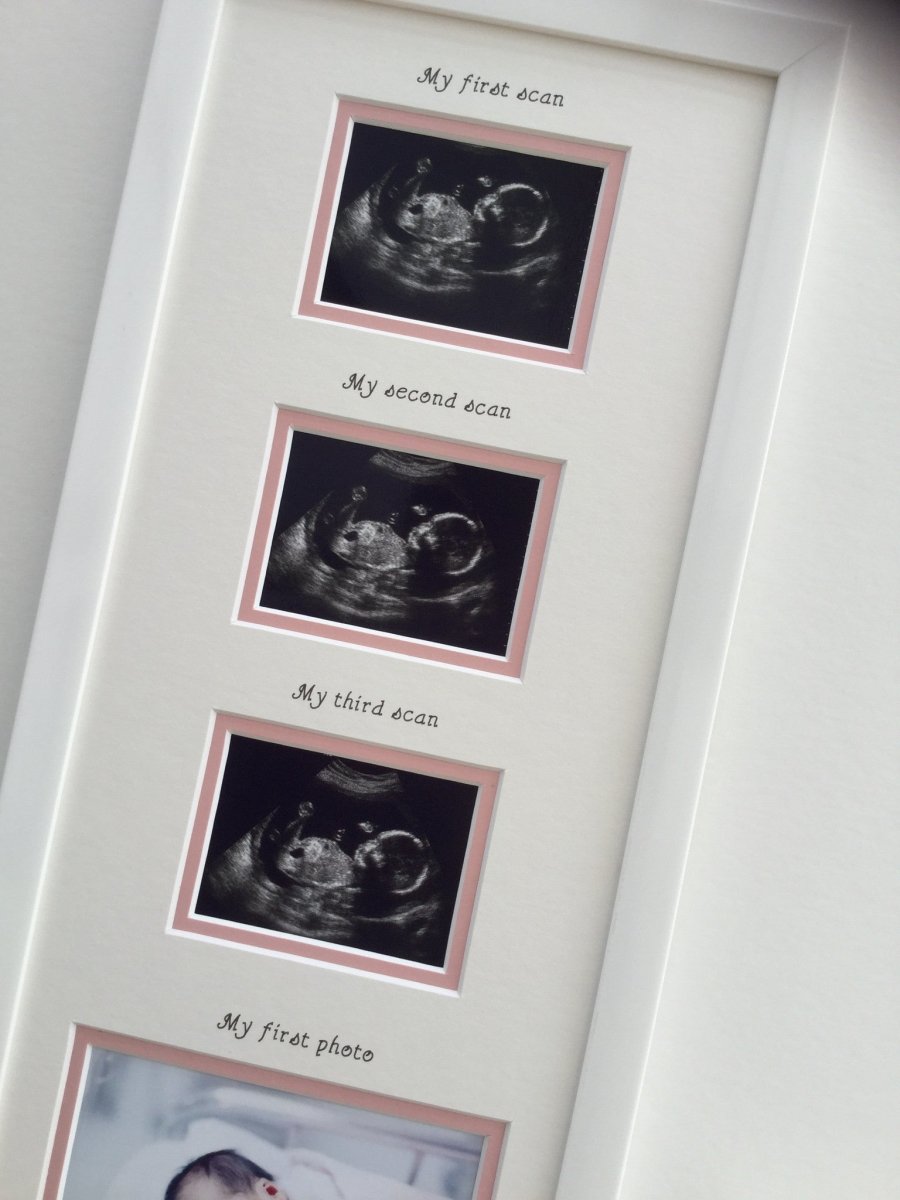 Triple Baby Scan Personalised Girl Photo Frame, Pink inner border 20 x 8, White