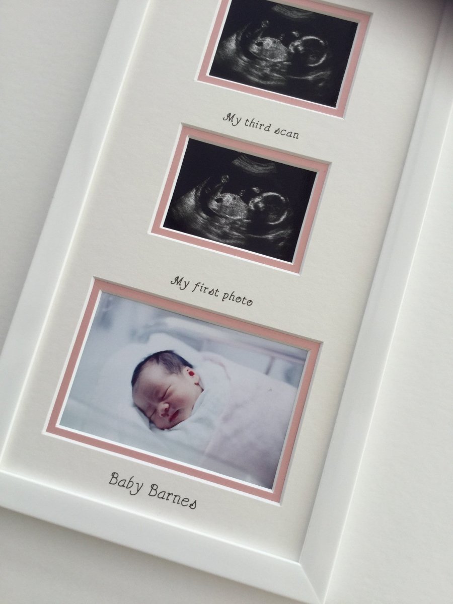 Triple Baby Scan Personalised Girl Photo Frame, Pink inner border 20 x 8, White