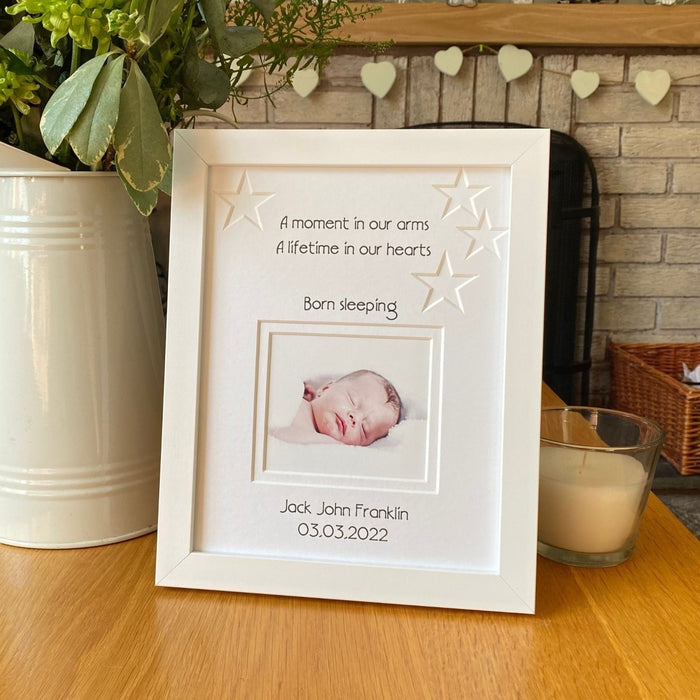 Baby born sleeping white contemporary picture frame on table, an image of an angel and personalisation