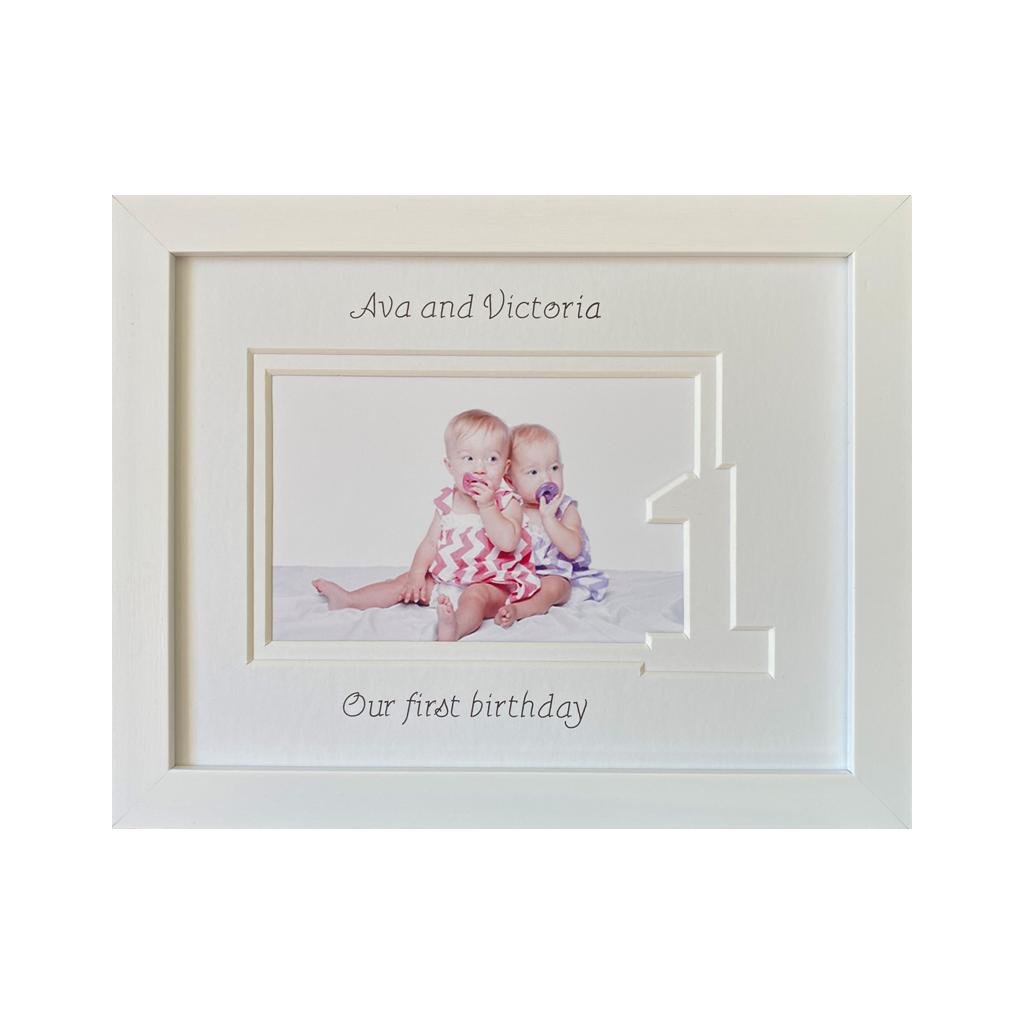 Sisters Twin first birthday white frame